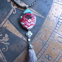 NEW! It Felt Love Necklace w/Embroidered Rose Heart Pendant,Antique Sterling Rose Medal,Antique Rose Capped Tassel & Antique Real Metal Braided Trim Chain