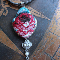 NEW! It Felt Love Necklace w/Embroidered Rose Heart Pendant,Antique Sterling Rose Medal,Antique Rose Capped Tassel & Antique Real Metal Braided Trim Chain