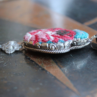 NEW! It Felt Love Necklace w/Embroidered Rose Heart Pendant,Antique Sterling Rose Medal,Antique Rose Capped Tassel & Antique Real Metal Braided Trim Chain