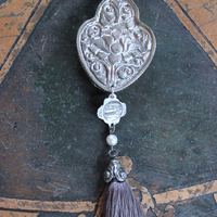 NEW! It Felt Love Necklace w/Embroidered Rose Heart Pendant,Antique Sterling Rose Medal,Antique Rose Capped Tassel & Antique Real Metal Braided Trim Chain