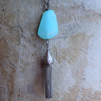 NEW! Checkerboard Faceted Peruvian Opal Pendant Necklace with Unusual Silver Tassel & Belcher Chain