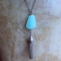 NEW! Checkerboard Faceted Peruvian Opal Pendant Necklace with Unusual Silver Tassel & Belcher Chain