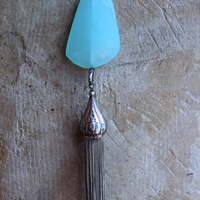 NEW! Checkerboard Faceted Peruvian Opal Pendant Necklace with Unusual Silver Tassel & Belcher Chain