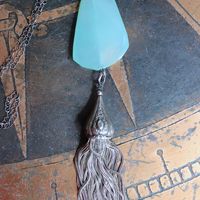 NEW! Checkerboard Faceted Peruvian Opal Pendant Necklace with Unusual Silver Tassel & Belcher Chain