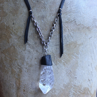 NEW! Amazing Free Form Clear Ghost Quartz Pendant Necklace with Embossed Silver Chain, Premium Black Suede Leather Cap & Ties
