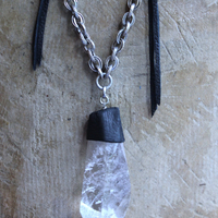 NEW! Amazing Free Form Clear Ghost Quartz Pendant Necklace with Embossed Silver Chain, Premium Black Suede Leather Cap & Ties