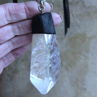 NEW! Amazing Free Form Clear Ghost Quartz Pendant Necklace with Embossed Silver Chain, Premium Black Suede Leather Cap & Ties