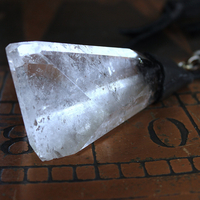 NEW! Amazing Free Form Clear Ghost Quartz Pendant Necklace with Embossed Silver Chain, Premium Black Suede Leather Cap & Ties