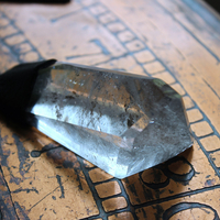 NEW! Amazing Free Form Clear Ghost Quartz Pendant Necklace with Embossed Silver Chain, Premium Black Suede Leather Cap & Ties