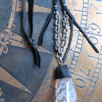 NEW! Amazing Free Form Clear Ghost Quartz Pendant Necklace with Embossed Silver Chain, Premium Black Suede Leather Cap & Ties