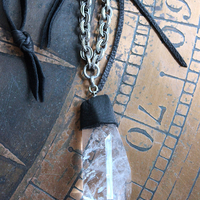 NEW! Amazing Free Form Clear Ghost Quartz Pendant Necklace with Embossed Silver Chain, Premium Black Suede Leather Cap & Ties