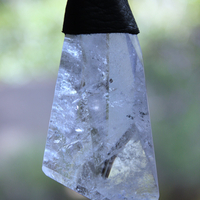 NEW! Amazing Free Form Clear Ghost Quartz Pendant Necklace with Embossed Silver Chain, Premium Black Suede Leather Cap & Ties