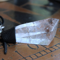 NEW! Amazing Free Form Clear Ghost Quartz Pendant Necklace with Embossed Silver Chain, Premium Black Suede Leather Cap & Ties