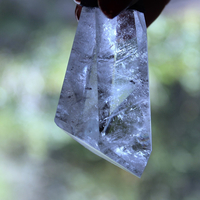 NEW! Amazing Free Form Clear Ghost Quartz Pendant Necklace with Embossed Silver Chain, Premium Black Suede Leather Cap & Ties