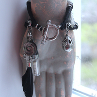 NEW! How to Fly Bracelet with Old Sterling Cuff, Sterling Cross, Raven Wing,Glass Quote Vessel & Sterling Capped Bead