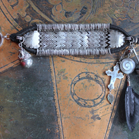 NEW! How to Fly Bracelet with Old Sterling Cuff, Sterling Cross, Raven Wing,Glass Quote Vessel & Sterling Capped Bead