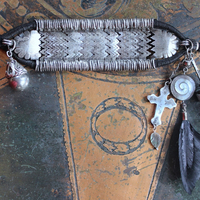 NEW! How to Fly Bracelet with Old Sterling Cuff, Sterling Cross, Raven Wing,Glass Quote Vessel & Sterling Capped Bead