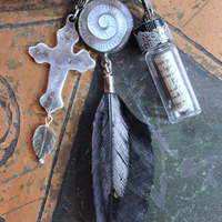 NEW! How to Fly Bracelet with Old Sterling Cuff, Sterling Cross, Raven Wing,Glass Quote Vessel & Sterling Capped Bead