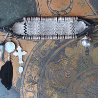 NEW! How to Fly Bracelet with Old Sterling Cuff, Sterling Cross, Raven Wing,Glass Quote Vessel & Sterling Capped Bead