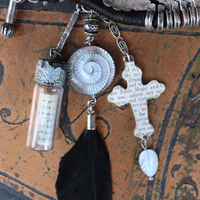 NEW! How to Fly Bracelet with Old Sterling Cuff, Sterling Cross, Raven Wing,Glass Quote Vessel & Sterling Capped Bead