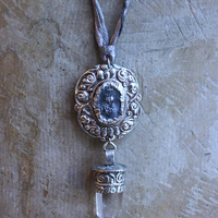 NEW! Unique Flaming Sacred Heart & Clear Rock Quartz Point Necklace with Silver Distressed Leather Ties