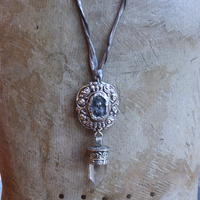 NEW! Unique Flaming Sacred Heart & Clear Rock Quartz Point Necklace with Silver Distressed Leather Ties