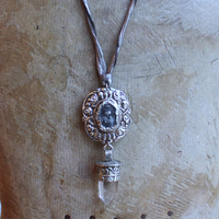 NEW! Unique Flaming Sacred Heart & Clear Rock Quartz Point Necklace with Silver Distressed Leather Ties