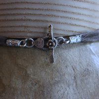 NEW! Unique Flaming Sacred Heart & Clear Rock Quartz Point Necklace with Silver Distressed Leather Ties