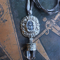 NEW! Unique Flaming Sacred Heart & Clear Rock Quartz Point Necklace with Silver Distressed Leather Ties