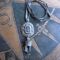 NEW! Unique Flaming Sacred Heart & Clear Rock Quartz Point Necklace with Silver Distressed Leather Ties