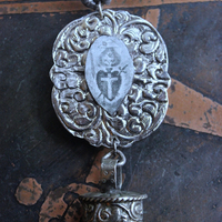 NEW! Unique Flaming Sacred Heart & Clear Rock Quartz Point Necklace with Silver Distressed Leather Ties