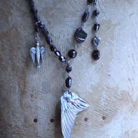 NEW! The Winds of your Soul Necklace with Amazing Faceted Almandine Garnet, Cast Bird Wing, Holy Spirit Dove & Puffy Heart Medal