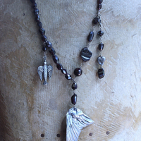 NEW! The Winds of your Soul Necklace with Amazing Faceted Almandine Garnet, Cast Bird Wing, Holy Spirit Dove & Puffy Heart Medal