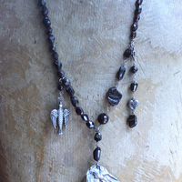 NEW! The Winds of your Soul Necklace with Amazing Faceted Almandine Garnet, Cast Bird Wing, Holy Spirit Dove & Puffy Heart Medal