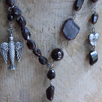 NEW! The Winds of your Soul Necklace with Amazing Faceted Almandine Garnet, Cast Bird Wing, Holy Spirit Dove & Puffy Heart Medal
