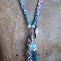 NEW! Braided Kantha Necklace w/Clear Rock Quartz Free Form Point, Unique Silver Connector, Carved Angel Wing & Kantha Tassel
