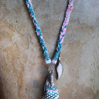 NEW! Braided Kantha Necklace w/Clear Rock Quartz Free Form Point, Unique Silver Connector, Carved Angel Wing & Kantha Tassel
