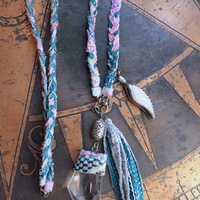 NEW! Braided Kantha Necklace w/Clear Rock Quartz Free Form Point, Unique Silver Connector, Carved Angel Wing & Kantha Tassel