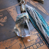 NEW! Braided Kantha Necklace w/Clear Rock Quartz Free Form Point, Unique Silver Connector, Carved Angel Wing & Kantha Tassel