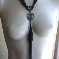 NEW! The Twilight Necklace with Rare French Crepuscle (Twilight) Medal, OOAK Long Antique Faceted Jet Bead Tassel, Bead Strands & Clasp