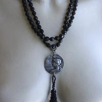 NEW! The Twilight Necklace with Rare French Crepuscle (Twilight) Medal, OOAK Long Antique Faceted Jet Bead Tassel, Bead Strands & Clasp