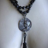 NEW! The Twilight Necklace with Rare French Crepuscle (Twilight) Medal, OOAK Long Antique Faceted Jet Bead Tassel, Bead Strands & Clasp