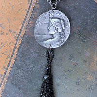 NEW! The Twilight Necklace with Rare French Crepuscle (Twilight) Medal, OOAK Long Antique Faceted Jet Bead Tassel, Bead Strands & Clasp