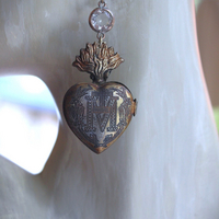 NEW! Vintage Ave Maria Flaming Sacred Heart Ex Voto Locket Earrings with Bezel Set Pointed Back Crystal Connectors