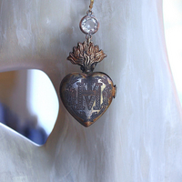 NEW! Vintage Ave Maria Flaming Sacred Heart Ex Voto Locket Earrings with Bezel Set Pointed Back Crystal Connectors