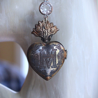 NEW! Vintage Ave Maria Flaming Sacred Heart Ex Voto Locket Earrings with Bezel Set Pointed Back Crystal Connectors