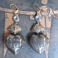 NEW! Vintage Ave Maria Flaming Sacred Heart Ex Voto Locket Earrings with Bezel Set Pointed Back Crystal Connectors