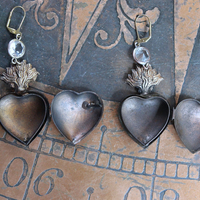 NEW! Vintage Ave Maria Flaming Sacred Heart Ex Voto Locket Earrings with Bezel Set Pointed Back Crystal Connectors