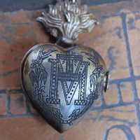NEW! Vintage Ave Maria Flaming Sacred Heart Ex Voto Locket Earrings with Bezel Set Pointed Back Crystal Connectors
