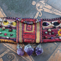 NEW! I am There Blessing Pouch Cuff with Antique Lambani Textile, Amethyst Point Drops, Multiple Beads & Prayer Card
